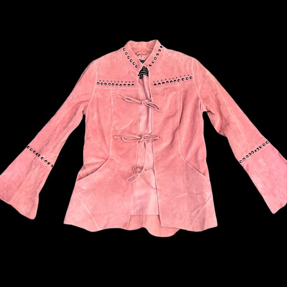 CHI by FALCHI PINK STUDDED LEATHER BLAZER WITH BELL SLEEVES AND TIE FRONT - Picture 2 of 13